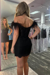 Black Homecoming Dress Corset Lace Feathers Tight Short Prom Dress